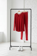 Racing Red Ribbed Notched Neck Knit Long Sleeve Leggings Two Pieces Lounge Set