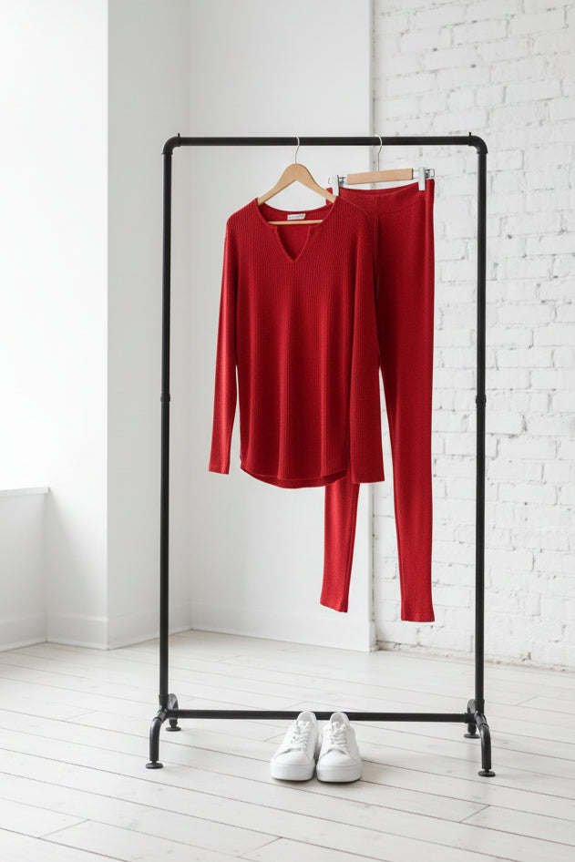 Racing Red Ribbed Notched Neck Knit Long Sleeve Leggings Two Pieces Lounge Set