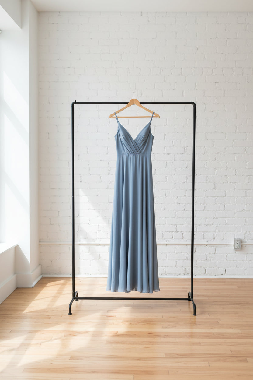 Deep V-Neck Blue Satin Floor-Length Prom Gown