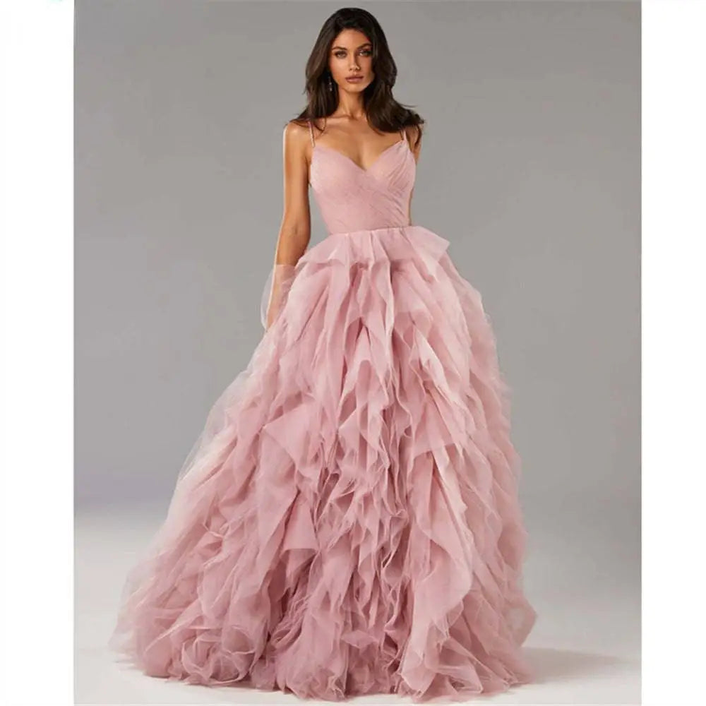 Blush Pink Mesh Long Dress Evening Gown Prom