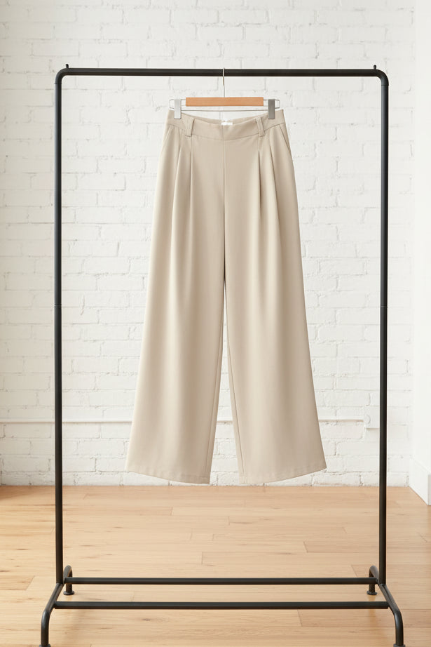 EVALESS Wide Leg Palazzo Pants for Women High Waisted Office Dressy Plain Comfy Waffle Knit Ladies Work Business Casual Pants with Pockets Beige Large - # GIAA23410020