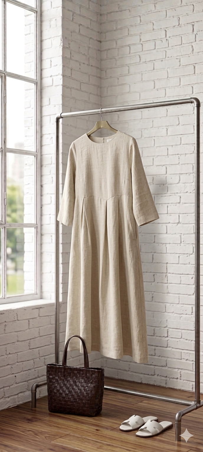100% Linen Bateau Neck Pleated Maxi Dress ABIGAIL